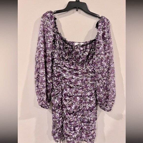 ASTR Mardi Lace Trimmed Floral Ruched Mini Dress Purple Floral Large NEW - Picture 6 of 9